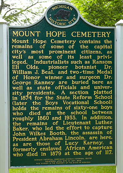 Michigan Historic Marker recognizing the Mount Hope Cemetery. Image ©2015 Look Around You Ventures, LLC.